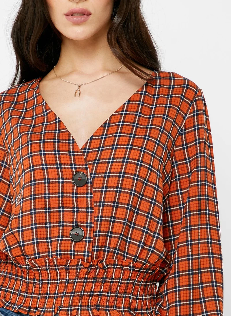 Ginger Checked Button Down Shirred Waist Top