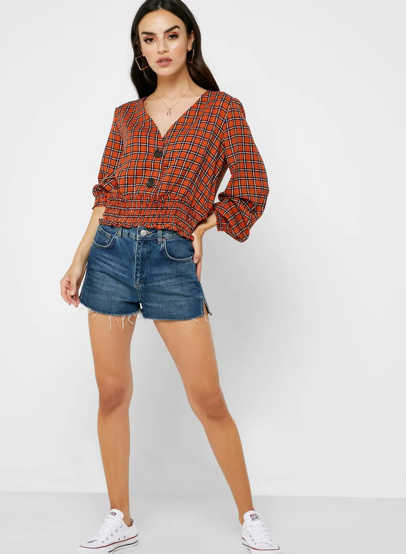 Ginger Checked Button Down Shirred Waist Top