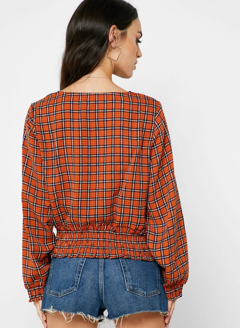 Ginger Checked Button Down Shirred Waist Top