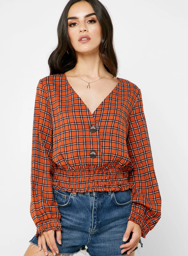 Ginger Checked Button Down Shirred Waist Top