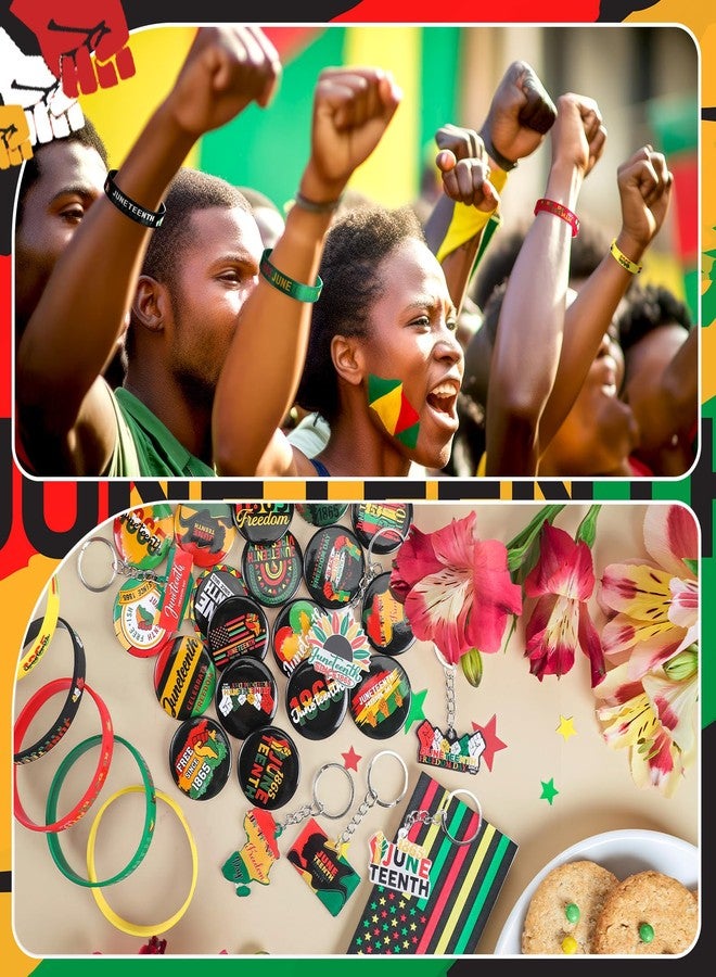 Kenning 300 Pcs Juneteenth Party Supplies Favors Include 100 Happy Juneteenth Silicone Bracelets 100 Badge and 100 Acrylic Keychain for African American 1865 Independence Day Parade Party Gifts - Image 4