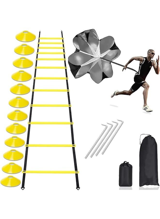 PROMASS Speed Agility Training Kit, Agility Ladder With 12-Rung, 12 Disc Cones, 4 Steel Stakes, Resistance Parachute With Carry Bag, Agility Training Equipment For Athletes Sports Trainning  - Image 1