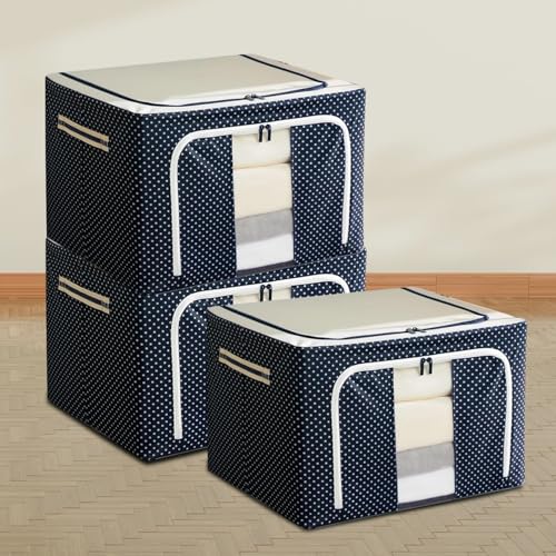 INFERNO® 66L Wardrobe Organizer Storage Box Pack of 03 (50×40×33 cm), Foldable Clothes Storage with Zipper & Handle, Blue - Image 1