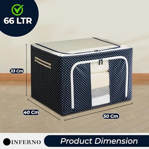 INFERNO® 66L Wardrobe Organizer Storage Box Pack of 03 (50×40×33 cm), Foldable Clothes Storage with Zipper & Handle, Blue - Image 2