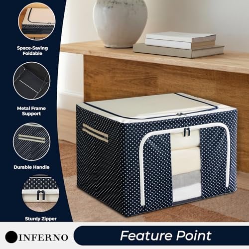 INFERNO® 66L Wardrobe Organizer Storage Box Pack of 03 (50×40×33 cm), Foldable Clothes Storage with Zipper & Handle, Blue - Image 3