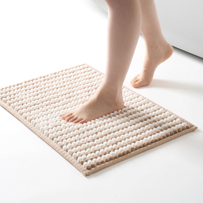 FRESHMINT Chunky Ombre Chenille Bathroom Rug 17x24 Small Water Absorbent Soft Bath Rugs for Bathroom Floor Thick Non Slip Bath Mat Washable Quick Dry Shower Mats Beige and White