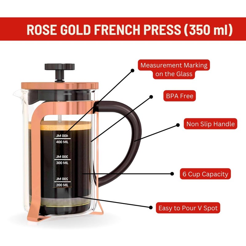 Toffee Coffee Roasters | French Press Gift Set | Rose Gold French Press (350 ml) + 3 Best Coffees: 60gm Each - Mysore Nuggets, Peaberry, Baba Budangiri - Image 2