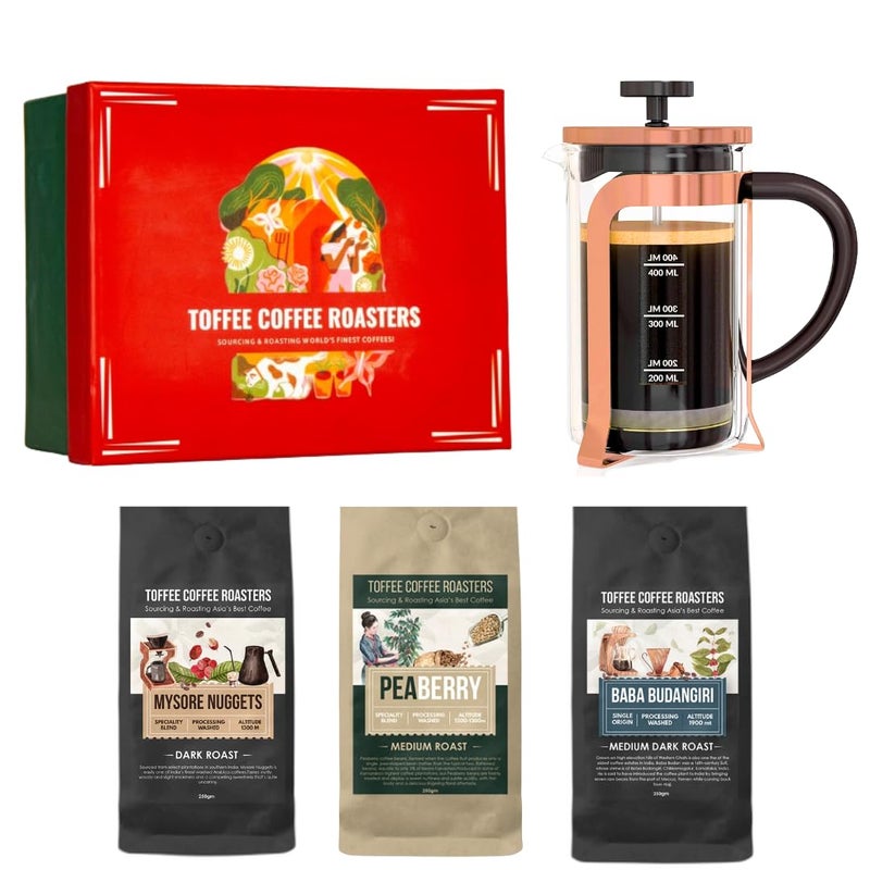 Toffee Coffee Roasters | French Press Gift Set | Rose Gold French Press (350 ml) + 3 Best Coffees: 60gm Each - Mysore Nuggets, Peaberry, Baba Budangiri - Image 1