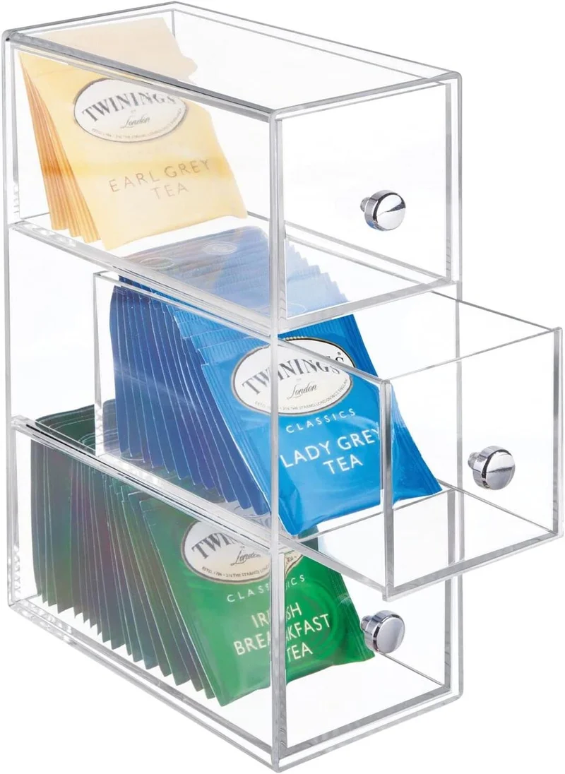 Quesera  Plastic Kitchen Pantry Stackable Storage Organizer Container Station With 3 Drawers For Cabinet, Countertop, Holds Coffee, Tea, Sugar Packets, Creamers, Drink Pods, Packets - Clear  | Best Price UAE