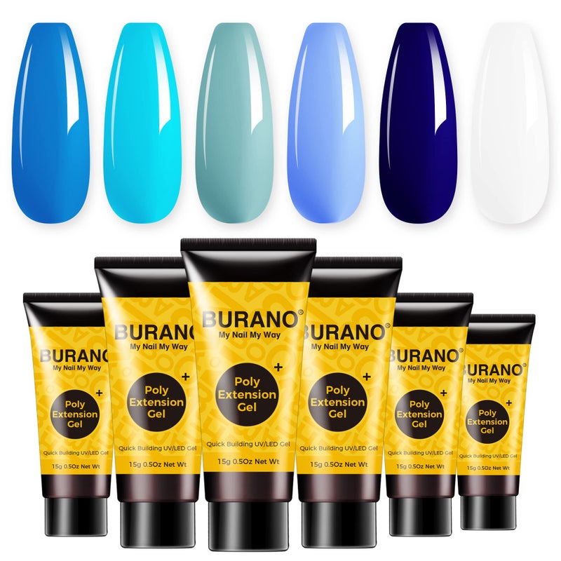 BURANO Poly Extension Gel Nail Kit, 6 Colors Nail Poly Nails Builder Gel Set for Beginner & Professional Using, DIY Starter Kit Nail Art Gift (blue) - Image 1