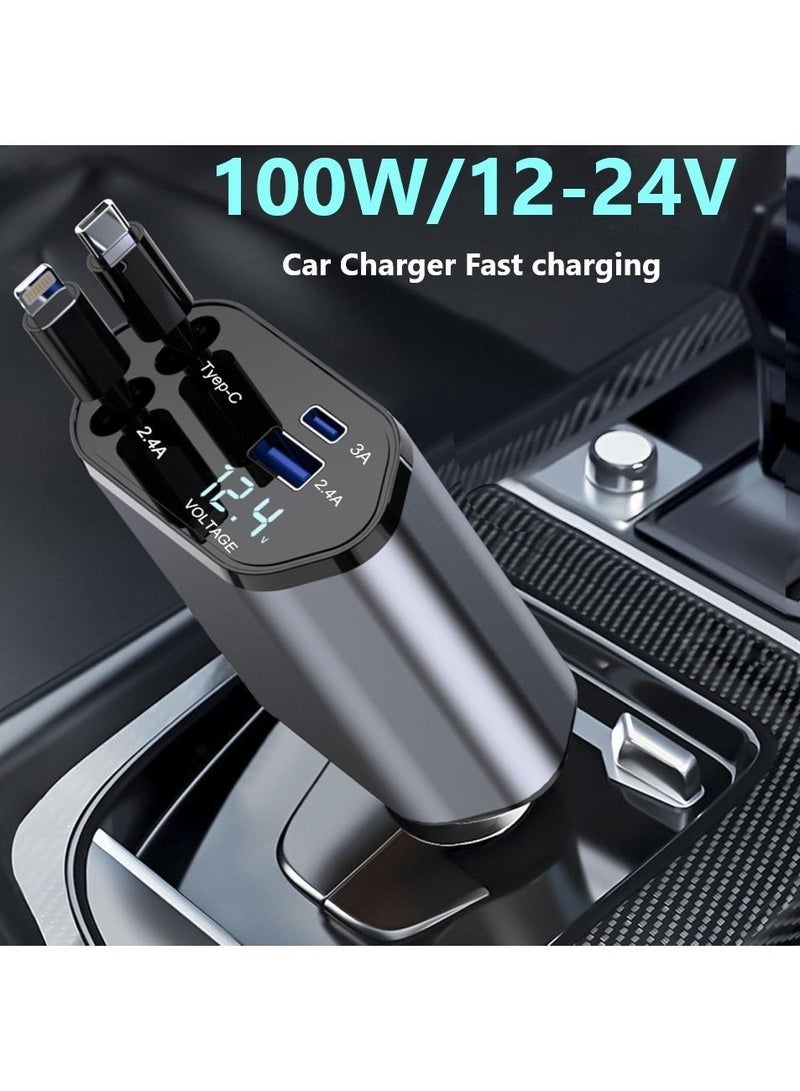 Retractable Car Charger, 4 in 1 Fast Charging Car Charger USB-C & USB-A, Retractable Cables Compatible with iPhone 16/15/14/13/12/11, Galaxy, Pixel - Image 1