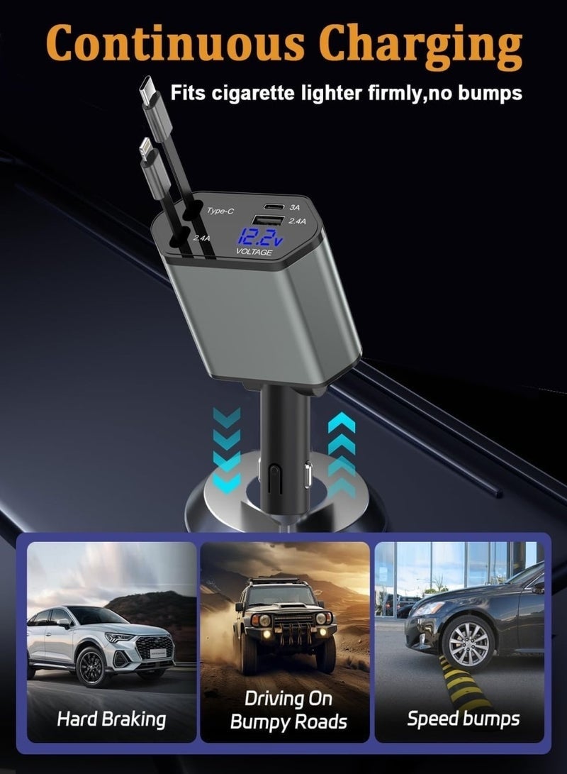 Retractable Car Charger, 4 in 1 Fast Charging Car Charger USB-C & USB-A, Retractable Cables Compatible with iPhone 16/15/14/13/12/11, Galaxy, Pixel - Image 5