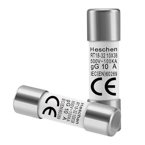 Heschen RT18-32 (RO15) Cylindrical Ceramic Fuse 10x38mm, 10A 500V AC, 100kA gG Class - Fast Acting Replacement for Industrial Control Panels (20 Pack) - Image 1