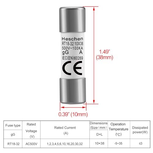 Heschen RT18-32 (RO15) Cylindrical Ceramic Fuse 10x38mm, 10A 500V AC, 100kA gG Class - Fast Acting Replacement for Industrial Control Panels (20 Pack) - Image 2