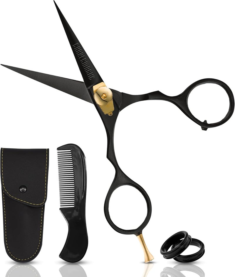 Charlemagne Hand-Forged Japanese Steel Hair, Beard & Mustache Scissors - 5.5 Inch (Black), Cut Trim Groom Facial Hair - Mustache Grooming Kit For Men