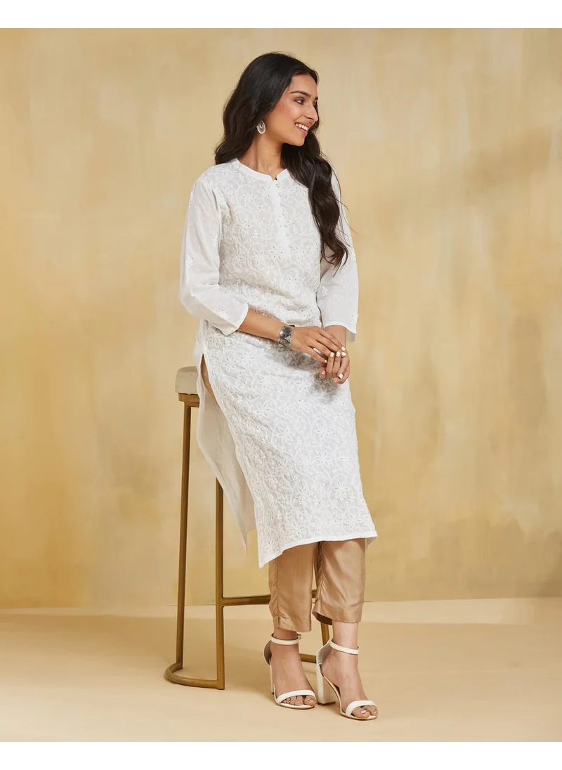 فاب انديا White Cotton Chikankari Long Kurta