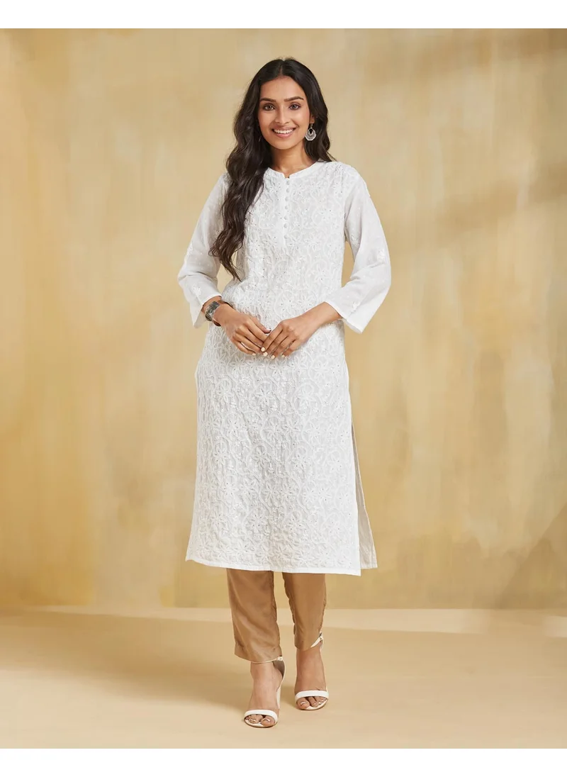 Fabindia White Cotton Chikankari Long Kurta