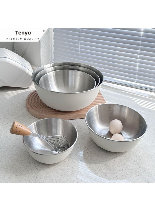 304 Stainless Steel Salad Bowl With Scale Japanese Style Muji Kitchen Baking Cream Style Egg Bowl Vegetable Washing Basin-Specifications:304 Stainless Steel Beige Japanese Basin-Color:28cm - Image 2
