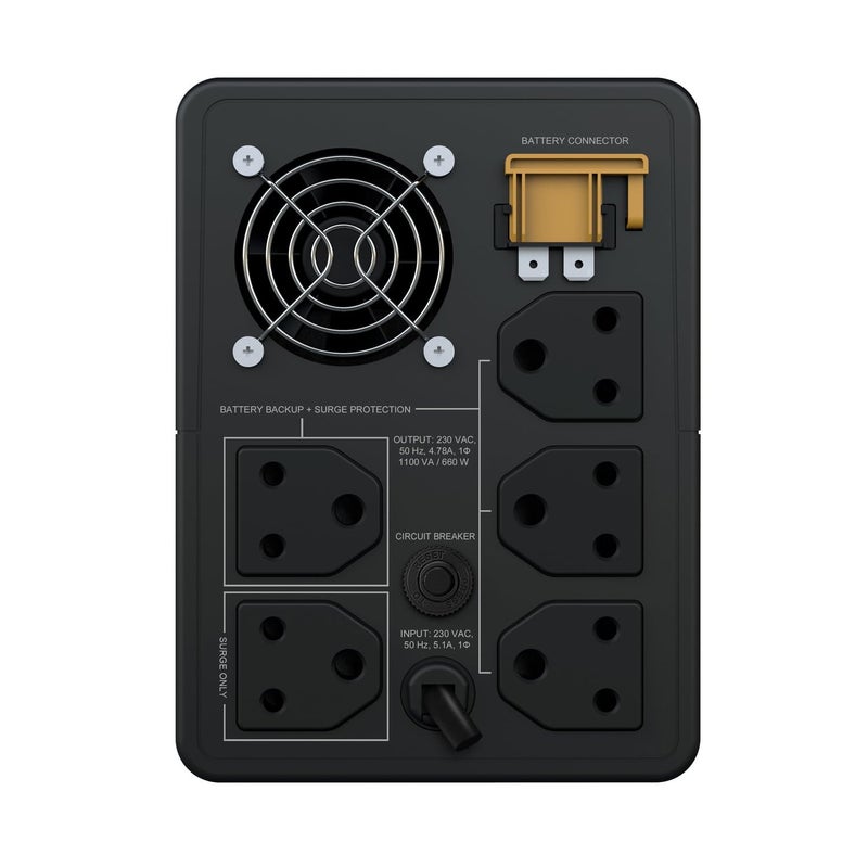 A.P.C. باك-UPS BX1100I-IN 1100VA، برج، 230V، 5 مخرج هندي 3 دبابيس 6A، AVR، بدون برنامج إيقاف التشغيل التلقائي، حل مثالي للطاقة الاحتياطية والحماية لمكتب المنزل، الكمبيوتر المكتبي والإلكترونيات المنزلية - Image 3