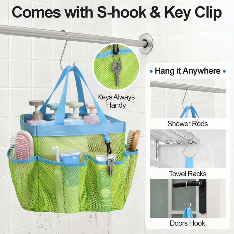 F-color Mesh Shower Caddy Portable, Upgrade Deeper 7 Pockets Shower Caddy Basket Bag Tote for College Dorm Room Gym Bathroom Essentials Gym Camp Quick Dry 2 handles Shower Bag with S Hook - Image 5