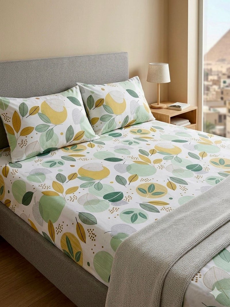 Yarlin-Cotton 100% Bed Set (Fitted Bedsheet for 180 cm beds and 2 Small Pillowcases (Lemon Leaves) Design