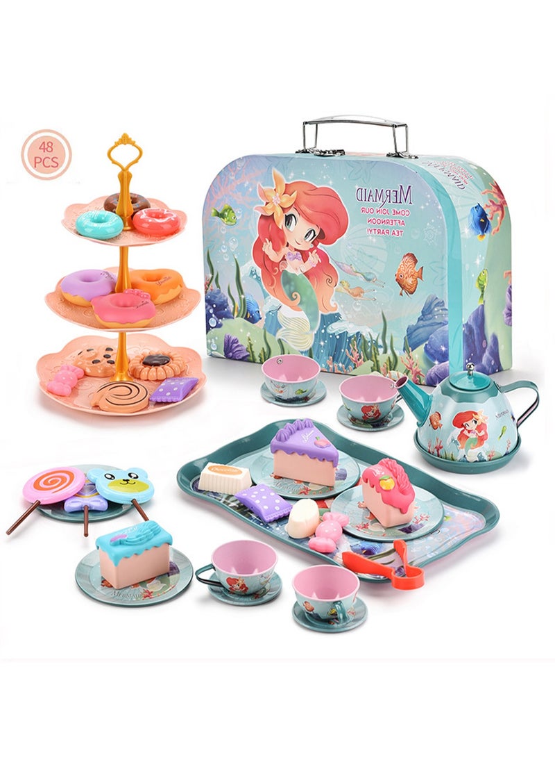 Tinplate Mermaid Tea Set Afternoon Tea Portable Gift Box With Dessert Suitable For Little Girls Safe And Durable Children'S Tea Party Kitchen Tableware Set Toys Suitable For Children Over 3 Years Old - Image 1