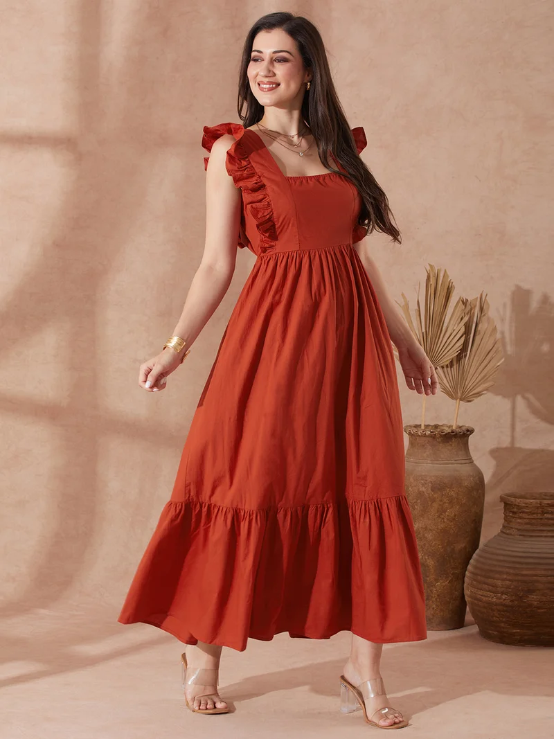 globus Women Rust Square Neck Solid Ruffles & Tie-Up Detail Tiered Fit & Flare Maxi Resort Dress