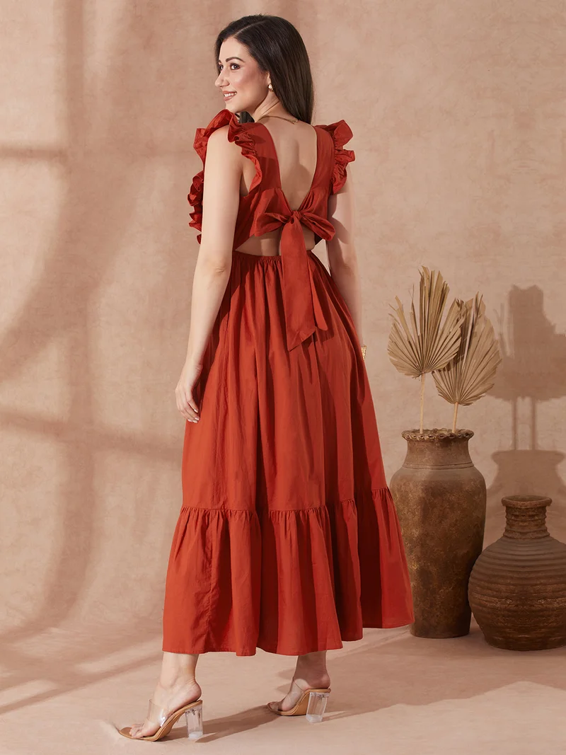 globus Women Rust Square Neck Solid Ruffles & Tie-Up Detail Tiered Fit & Flare Maxi Resort Dress