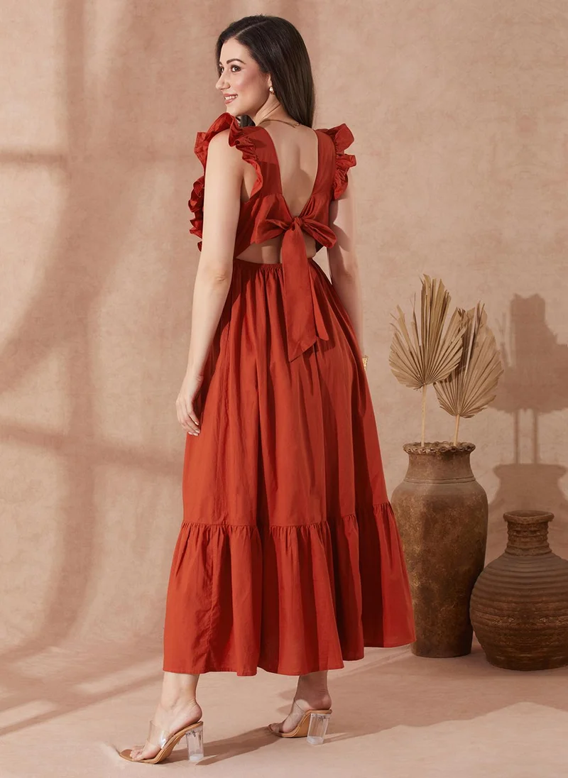 globus Globus Women Rust Square Neck Solid Ruffles & Tie-Up Detail Tiered Fit & Flare Maxi Resort Dress