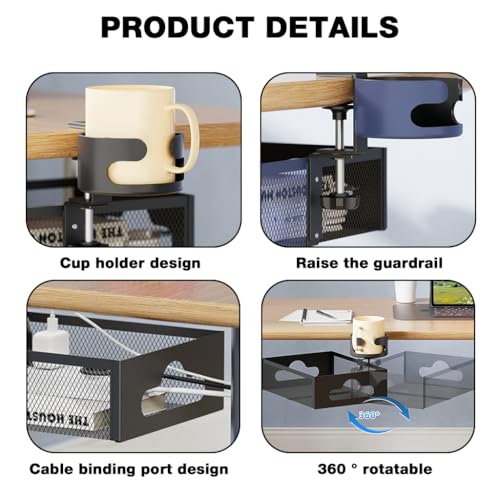 Climberty® 2 in 1 Desk Organizer with Cup Holder, Metal Wire Mesh Desk-Mount Storage Basket Case Cable Organizer, No Drill Desk Organizer for Home & Office, 26.2x19.5x7.5cm - Image 3