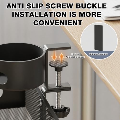 Climberty® 2 in 1 Desk Organizer with Cup Holder, Metal Wire Mesh Desk-Mount Storage Basket Case Cable Organizer, No Drill Desk Organizer for Home & Office, 26.2x19.5x7.5cm - Image 4
