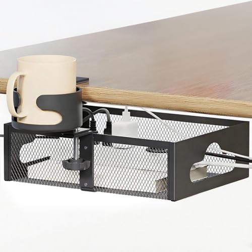Climberty® 2 in 1 Desk Organizer with Cup Holder, Metal Wire Mesh Desk-Mount Storage Basket Case Cable Organizer, No Drill Desk Organizer for Home & Office, 26.2x19.5x7.5cm - Image 1