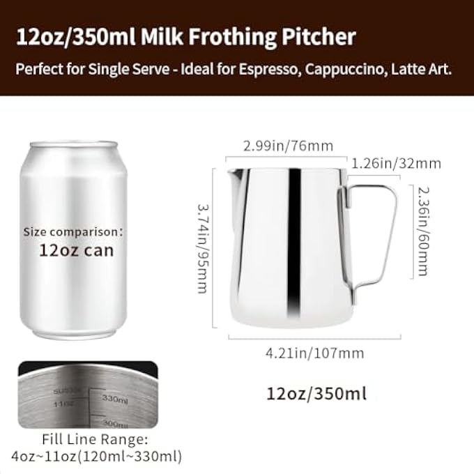 WATCHGET Milk Frothing Pitcher 12Oz350Ml  Espresso Steaming Pitcher Stainless Steel Milk Frothing Pitcher Cappuccino Latte Art Coffee Machine Accessories Milk Jug Milk Frother Cup Silver - Image 3