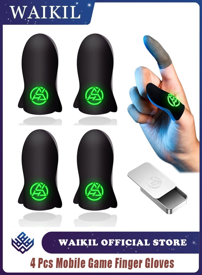 WAIKIL 4Pcs Mobile Gaming Finger Sleeves Black – Sweatproof Non-Slip Thumb Gloves Breathable Pain-Relief Covers with Metal Storage Box (5cm x 3cm) - Image 1