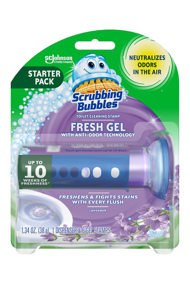 Scrubbing Bubbles Fresh Gel Toilet Bowl Cleaning Stamps, Helps Keep Toilet Clean and Helps Prevent Limescale & Rings, Lavender Scent, 1 Dispenser with 6 Fresh Gel Stamps - Image 1