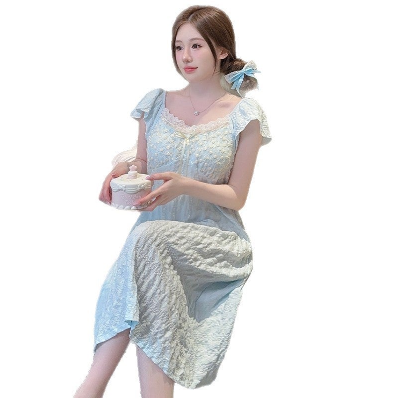 New Cute And Sweet Princess Style Age-Reducing Nightgown Cloud Cotton Pajamas For Women Summer Short-Sleeved Mid-Length Nightgown With Breast Pads - Image 5