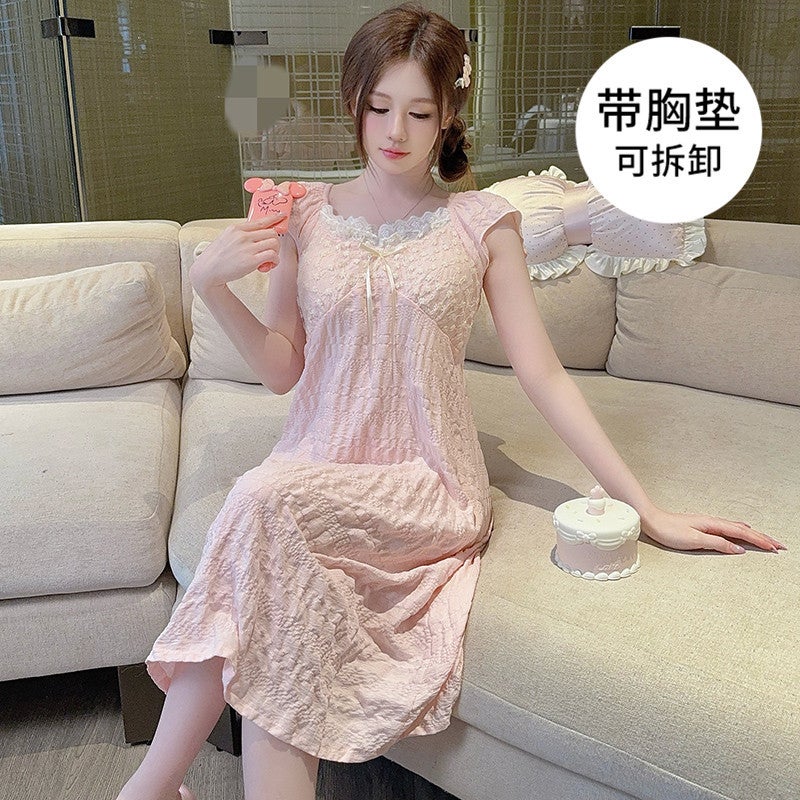 New Cute And Sweet Princess Style Age-Reducing Nightgown Cloud Cotton Pajamas For Women Summer Short-Sleeved Mid-Length Nightgown With Breast Pads - Image 4