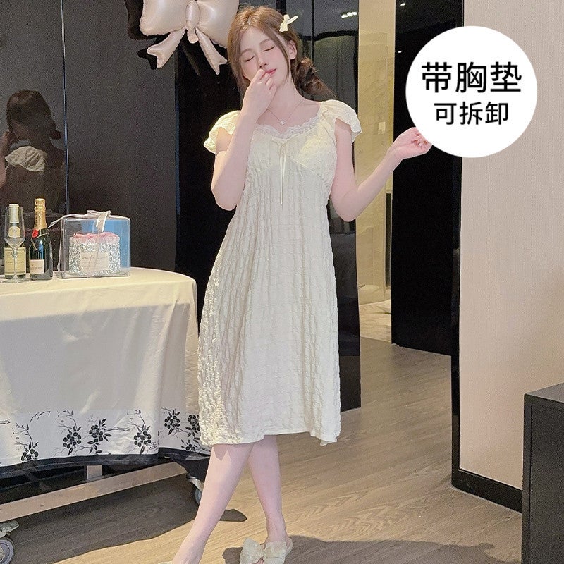New Cute And Sweet Princess Style Age-Reducing Nightgown Cloud Cotton Pajamas For Women Summer Short-Sleeved Mid-Length Nightgown With Breast Pads - Image 3