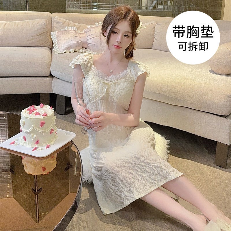 New Cute And Sweet Princess Style Age-Reducing Nightgown Cloud Cotton Pajamas For Women Summer Short-Sleeved Mid-Length Nightgown With Breast Pads - Image 2