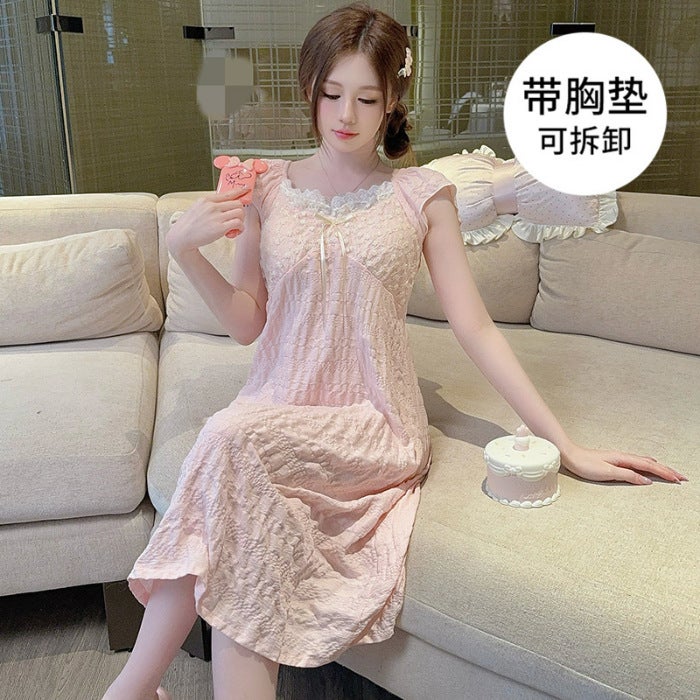 New Cute And Sweet Princess Style Age-Reducing Nightgown Cloud Cotton Pajamas For Women Summer Short-Sleeved Mid-Length Nightgown With Breast Pads - Image 1