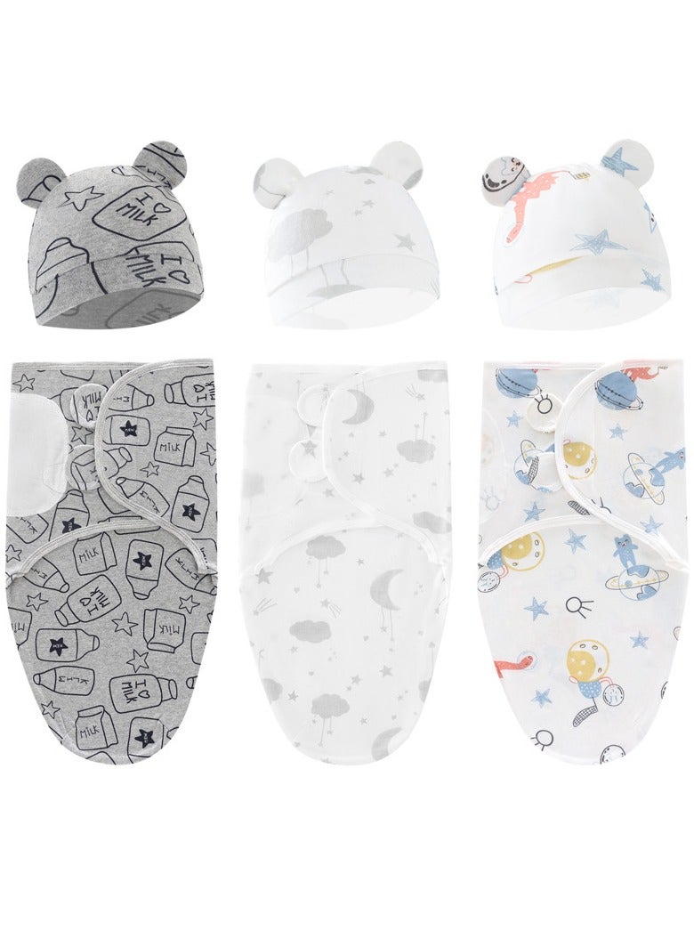 Baby Swaddle Blanket Wrap Cap Set Newborn Infant Sleep Sack With Caps 100% Breathable Cotton 0-6 Month