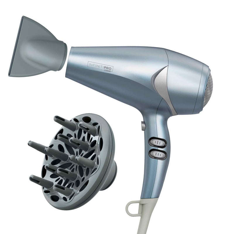 CONAIR Infiniti PRO CONAIR Hair Dryer with Diffuser and Concentrator  1875W Style & Shine Blow Dryer with Tourmaline and Ionic Conditioning to Fight Frizz  3 Heat & 2 Speed Settings  Blue - Image 1