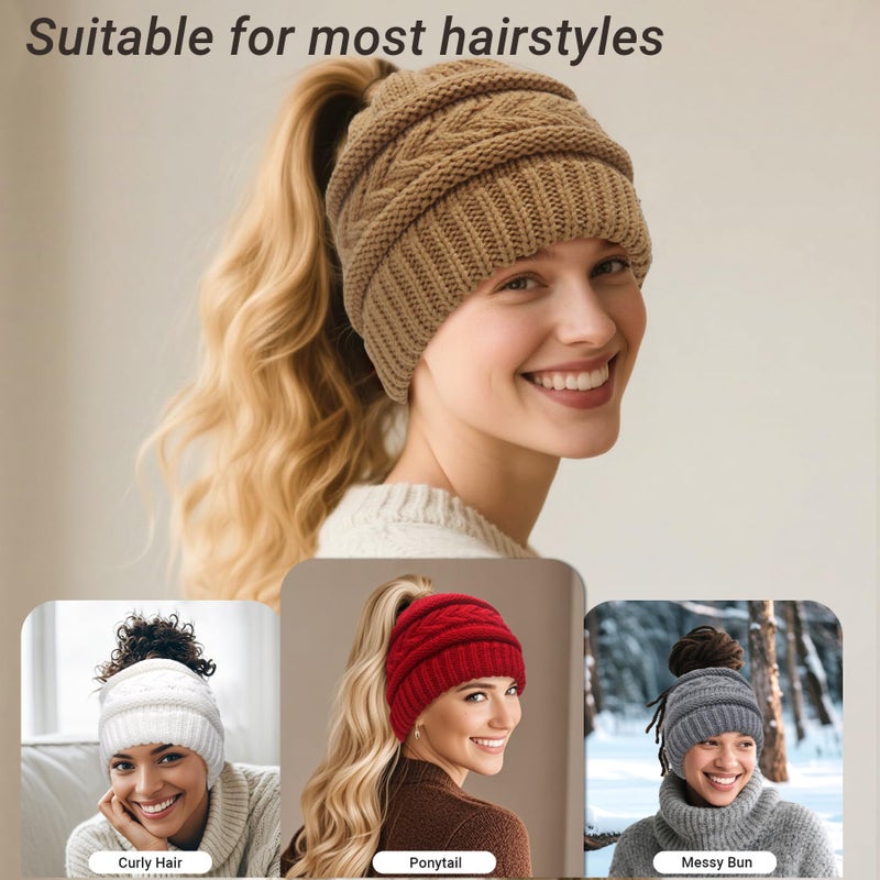 PFFY Ponytail Beanie Hat for Women Winter Warm Knit Beanies High Bun Hats Skull Cap Khaki (Ponytail) - Image 2