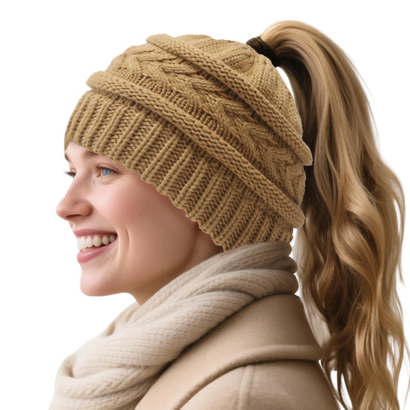 PFFY Ponytail Beanie Hat for Women Winter Warm Knit Beanies High Bun Hats Skull Cap Khaki (Ponytail) - Image 1