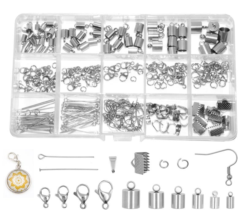 Mandala Crafts Stainless Steel Kumihimo Cord End Cap Clasp Ribbon Clamp Bail Jewelry Finding Supplies Starter Kit Endcaps Lobster Clasps Jump Rings Pins Earring Hooks Bails Ribbon Ends