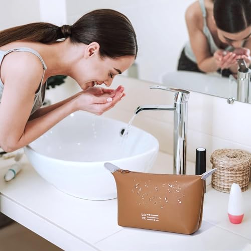 KUKLAR Small Pouch Toiletry Bag for Women Waterproof Makeup Pouch for Purse Travel Portable Zip Pouch Aesthetic Bag Pack of 2 (TAN) - Image 4