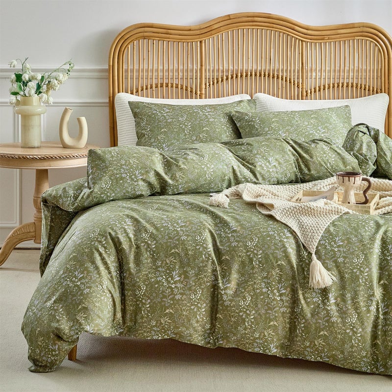 mixinni 3 Pieces Duvet Covers King Size 100 Cotton Comforter Cover Wildflower Printed on Army Green Floral Bedding Set with Zipper Closure 4 Ties 1 Duvet Cover 104x90 2 Pillow Cases 20x36 - Image 2