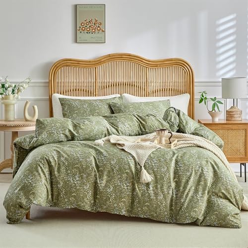 mixinni 3 Pieces Duvet Covers King Size 100 Cotton Comforter Cover Wildflower Printed on Army Green Floral Bedding Set with Zipper Closure 4 Ties 1 Duvet Cover 104x90 2 Pillow Cases 20x36 - Image 3