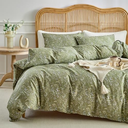 mixinni 3 Pieces Duvet Covers King Size 100 Cotton Comforter Cover Wildflower Printed on Army Green Floral Bedding Set with Zipper Closure 4 Ties 1 Duvet Cover 104x90 2 Pillow Cases 20x36 - Image 1