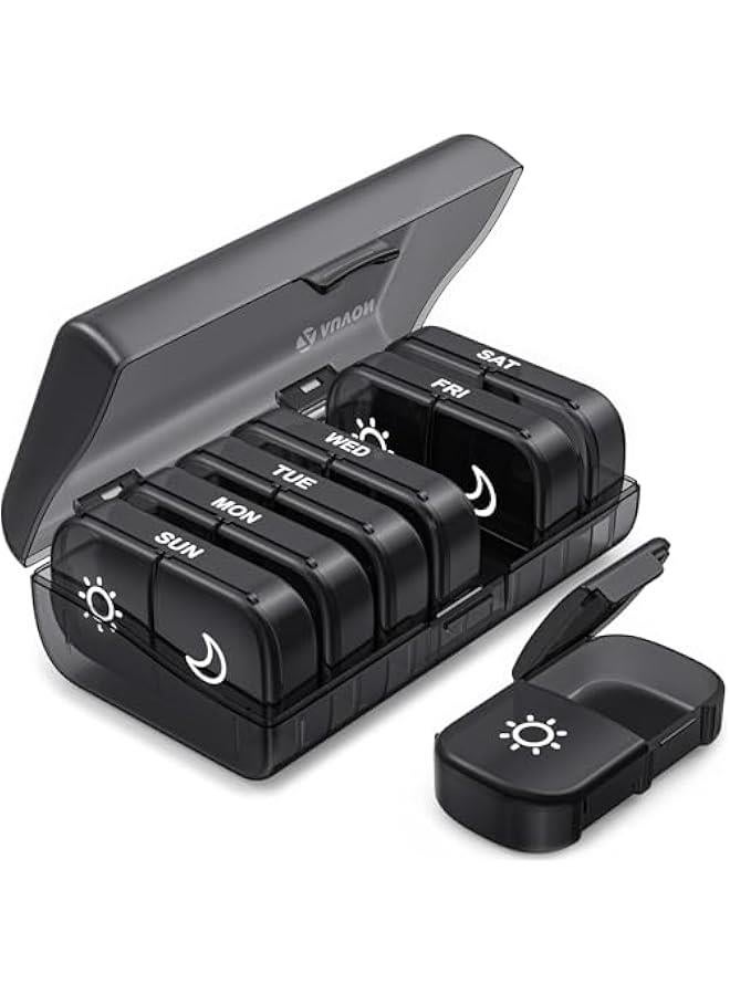 Arabest XL Weekly Pill Organizer 2 Times a Day, Pill Box 7 Day with One-Side Large Openings for Easy to Use, Black Privacy Protection AM PM Pill Case for Medication, Vitamins, Fish Oils, Supplements  - Image 1